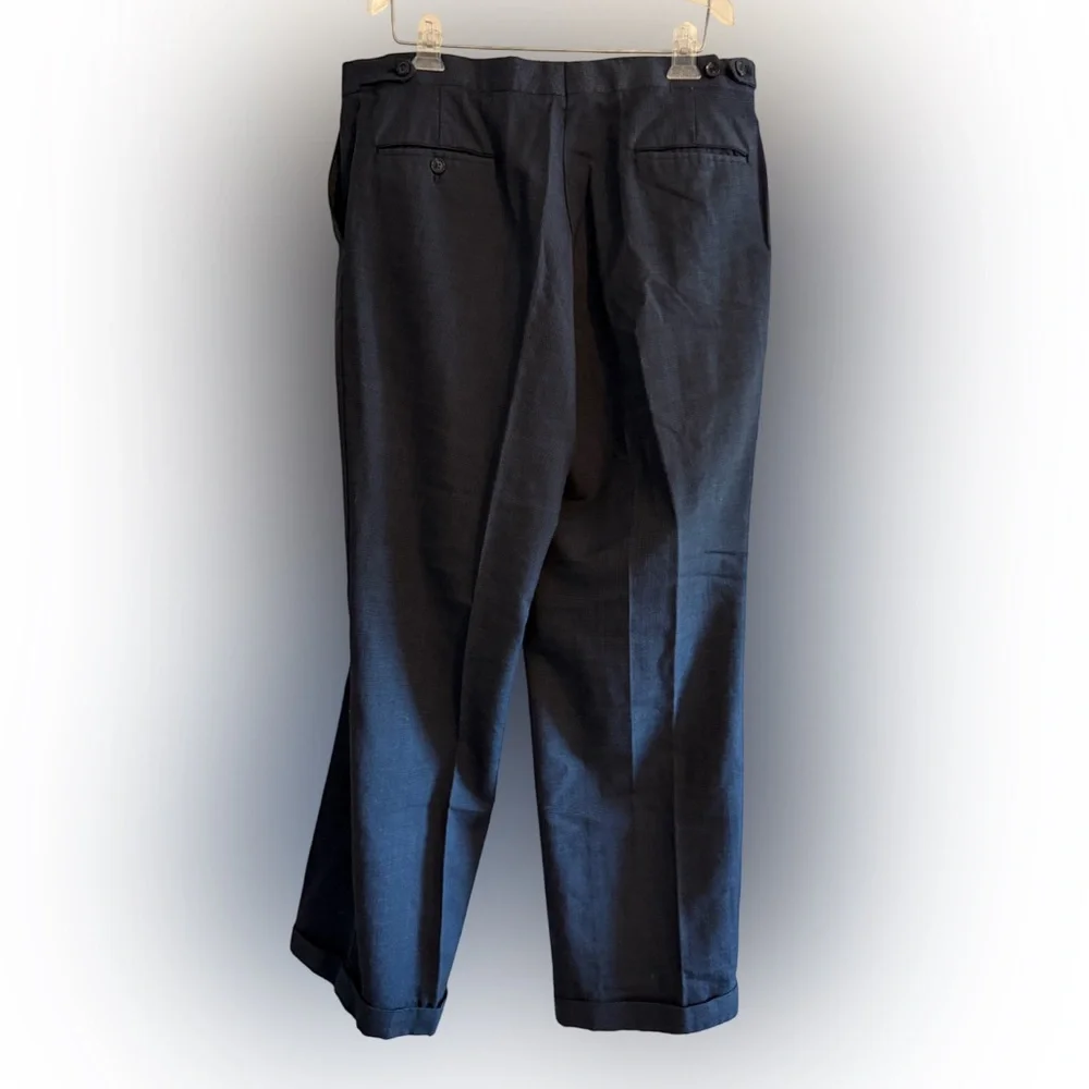 Vintage Men’s Burberry Wool Pleated Cuff Trousers Navy Blue Size 37